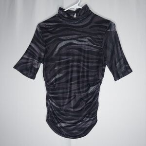 Cable‎ Gauge Mesh Mock Neck Top Women Small Black Zebra Short Sleeve Keyhole Y2K
